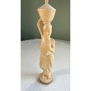Hand Carved African Woman Carrying Pot & Child Statue Natural Wood Sculpture
